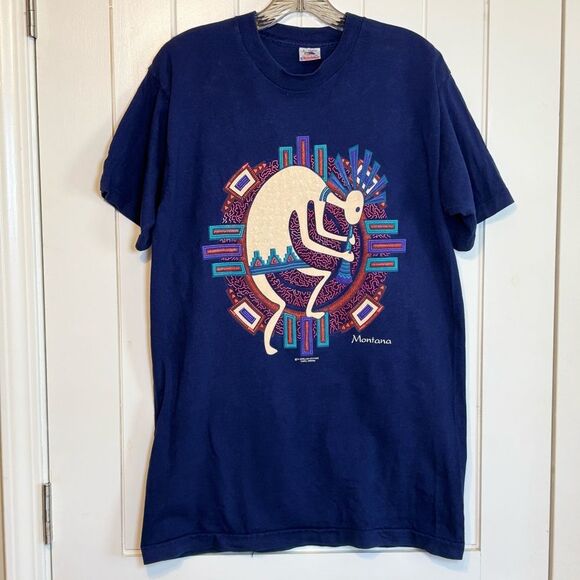 Vintage 1994 Single Stitch Navy Graphic T-Shirt Kokopelli Flute Montana - Picture 2 of 8